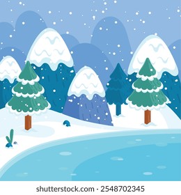 Snowy forest and frozen lake landscape, Vector