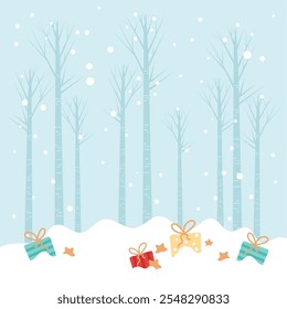Snowy forest with gifts and stars, Vector