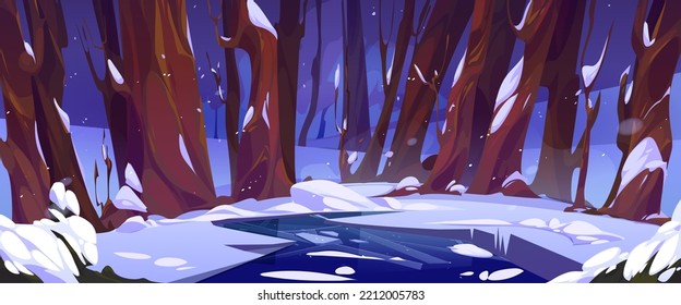 Snowy forest glade with frozen lake. Winter nature scene, dark deep woods or park landscape with trees trunks, white snow and ice on pond, vector cartoon illustration