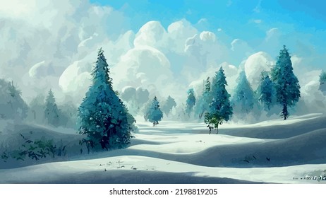 snowy forest illustration, detailed, sunny