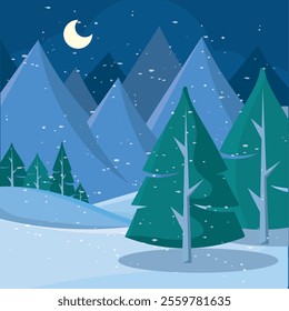 Snowy forest and mountains under a crescent moon Vector