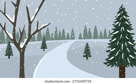 Snowy Forest Path in Winter. Winter forest. Winter countryside. Countryside road in the winter season. Pine trees.