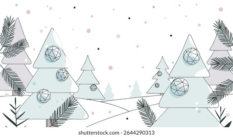A Snowy Forest Scene with Christmas Trees and Falling Snowflakes in the Winter