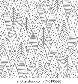 Snowy forest seamless pattern. Black and white line art.  Scandinavian winter style. Vector illustration.