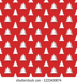 Snowy forest seamless pattern with red background. Repeating winter texture.