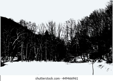 Snowy forest vector background.