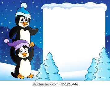 Snowy frame with penguins - eps10 vector illustration.