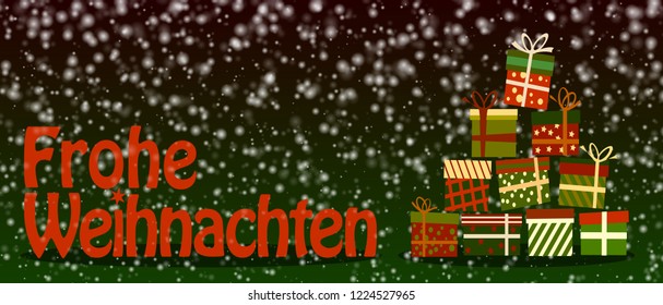 snowy Frohe Weihnachten, merry christmas in German, banner or greeting card with colorful gift boxes vector illustration