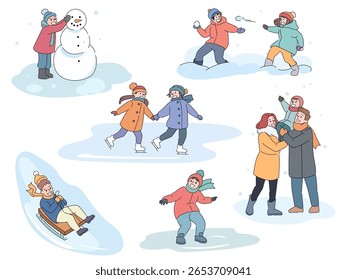 Snowy games. Winter family entertainments, outdoor walks with children, snowman modeling, kids ice skating and child sledding, boy and girl snowballs playing, cartoon isolated vector set