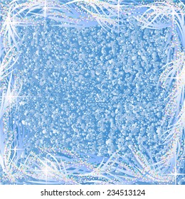 Snowy, gleaming, shining frozen pattern on blue window. Winter theme.
