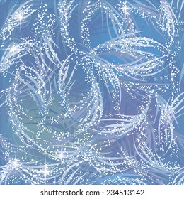 Snowy, gleaming, shining frozen pattern on blue window. Winter theme.