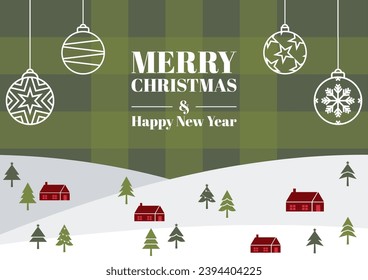 Snowy green Christmas poster, with house decorations, pine trees and balls.