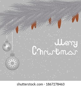 Snowy Happy New Year and Christmas card includes spruce branches with cones and couple of Christmas toys on it