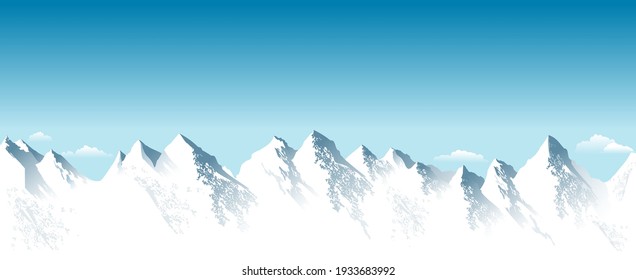 Snowy high mountains. Rocky Mountains. Blue sky. Mountain snowy landscape. Highlands.