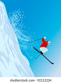 Snowy hill side of mountain, with skier jumping down/ Skier