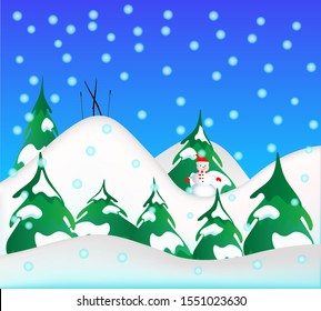 
snowy hills against the backdrop of falling snow, standing skis and a nearby snowman in a fir forest