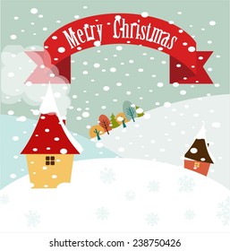 snowy hills with houses and the inscription Merry Christmas illustrations