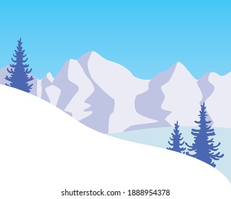 Snowy hills in winter. Flat vector stock illustration. Hills in the mountains. Snowy winter concept. Illustration of nature, cold, frosty day. Hills in December, January. Panoramic illustration