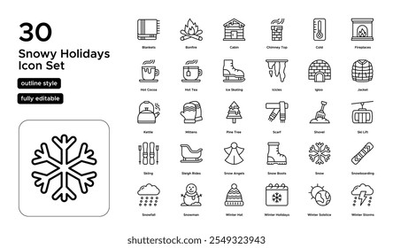 Conjunto de iconos de línea de Días festivos nevados: muñecos de nieve, esquí, bebidas calientes y actividades de invierno al aire libre