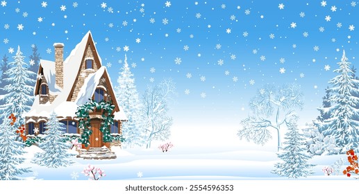Snowy house decorated for Christmas Winter night. Winter garden, snowy estate. Snowflakes.