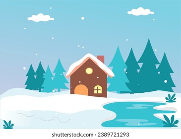snowy house, frozen lake and snowman