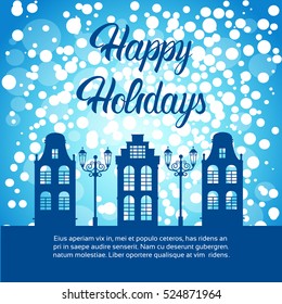 Snowy House Happy New Year Merry Christmas Greeting Card Banner Flat Vector Illustration