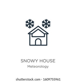 Snowy house icon. Thin linear snowy house outline icon isolated on white background from meteorology collection. Line vector sign, symbol for web and mobile
