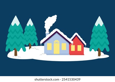 Snowy House Or Residence Surrounded By Pine Trees In Christmas Season