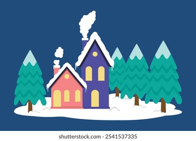 Snowy House Or Residence With Warm Light Surrounded By Pine Trees In Christmas Season