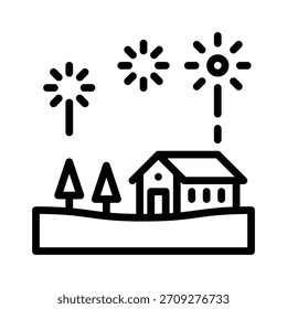 Casa nevada com ilustração vetorial de fogos de artifício de inverno, ícone de estilo de linha