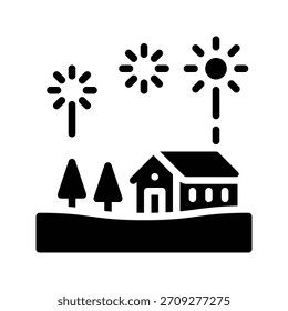 Casa nevada com ilustração vetorial de fogos de artifício de inverno, ícone de estilo plano