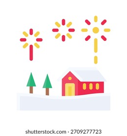 Casa nevada com ilustração vetorial de fogos de artifício de inverno, ícone de estilo plano