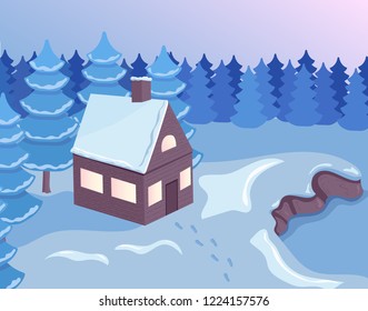 Snowy house in the winter forest. New Year card. Flat cartoon style. Hand drawing. Vector illustration. Snow on the Christmas tree.