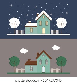 Snowy House In Winter Season And Summer Houses With Comfortable Environment