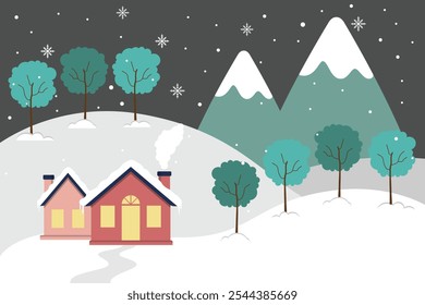 Snowy Houses Surrounded By Trees And Mountains In Winter Christmas