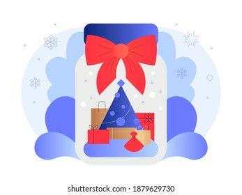 Snowy jar with a tree with gift boxes in it. New Year and Christmas decoration. Modern flat illustration. Vector file.