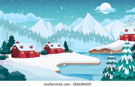 Snowy Lake Winter Landscape Background Illustration with Mountain, Houses, Spruce tree, Deadwood concept