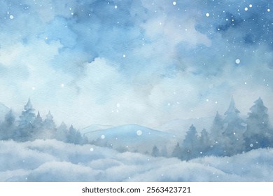 A snowy landscape with a blue sky and trees. The sky is filled with snowflakes, and the trees are covered in snow. Concept of calm and serenity