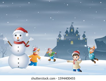 Snowy landscape with children playing together