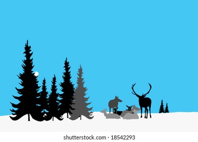 snowy landscape with deer herd resting