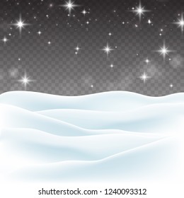 Snowy landscape with falling stars, isolated on transparent background. Vector illustration winter background