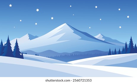 Snowy landscape featuring trees and patches of grass blanketed in white snow under a clear sky. flat vector illustration