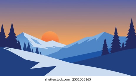 
snowy landscape featuring trees under a bright sun, creating a tranquil winter scene flat vector illustration.