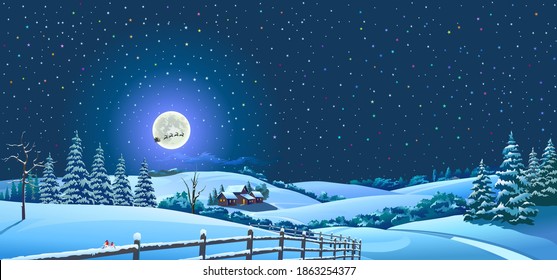 Snowy landscape of a forest and an isolated town with a silhouette of Santa and his reindeer.