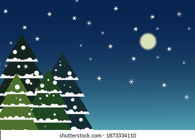 a snowy landscape with a green Christmas tree covered in snow. snowfall at night.