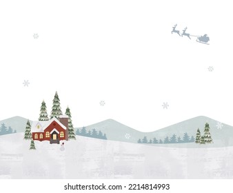 Snowy landscape and house Christmas watercolor