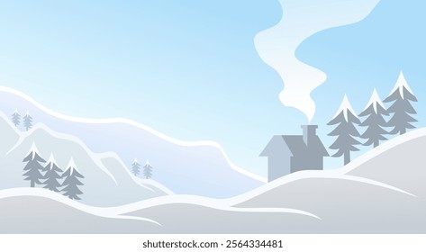 A snowy landscape with house at the distance. The house has a chimney with smoke coming out of it. The sky is clear and the snow is covering the ground