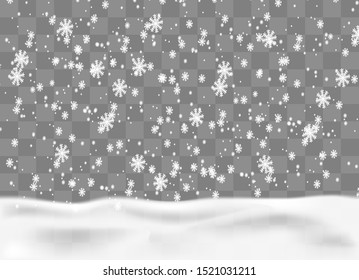 Snowy landscape isolated on dark transparent background. Vector illustration of winter decoration.