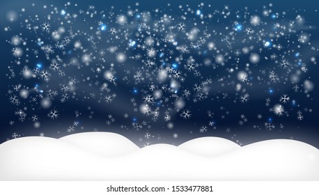 Snowy landscape isolated on dark background.Christmas, Snowy Woodland landscape.  Winter background with snow. Christmas snow surface. 