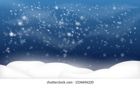 Snowy landscape isolated on dark background.Christmas, Snowy Woodland landscape. Holiday winter landscape for Merry Christmas. Winter background with snow. Christmas snow surface. 